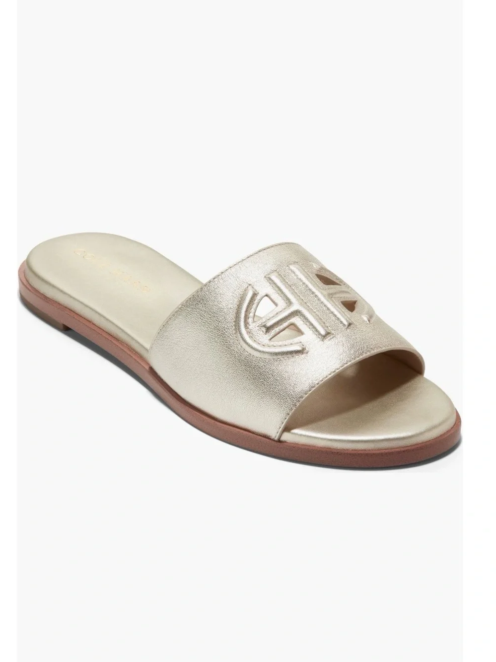 NEW IN BOX COLE HAAN FLYNN LEATHER GOLD LOGO SLIDE SANDAL SIZE 9B